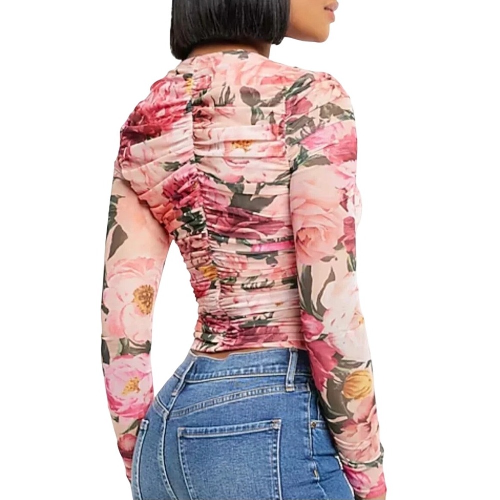 Express Bodycon Floral Ruched Mesh Sweetheart Neck Long Sleeve Top Pink Sz M - Picture 2 of 13